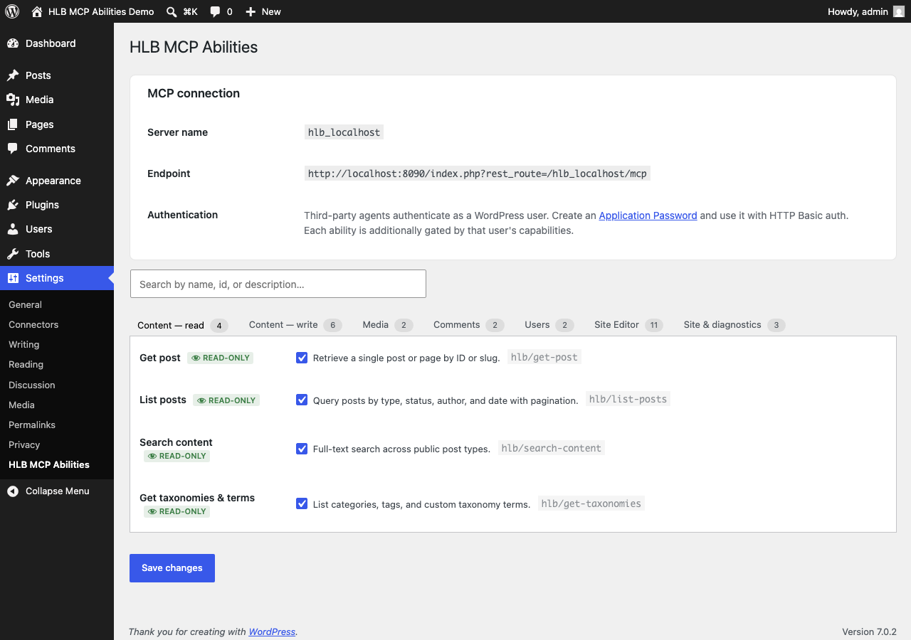 Settings screen: abilities grouped into searchable, countable categories (Content — read/write, Media, Comments, Users, Site Editor, Site & diagnostics), each with its own toggle.