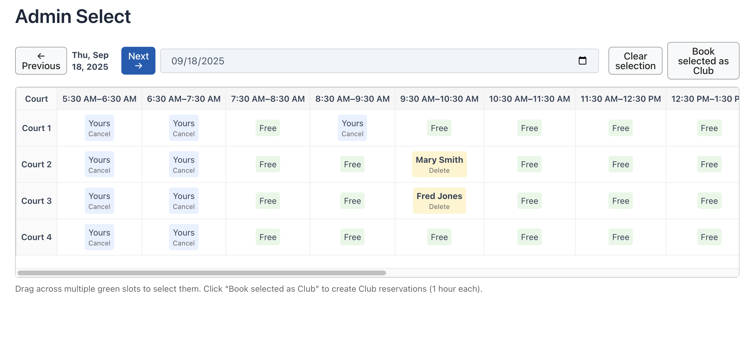 Admin interface for managing courts and reservation rules.