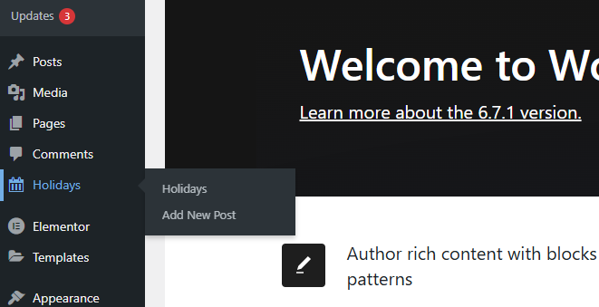 WordPress Dashboard Menu View: The Holiday Calendar menu item in the WordPress dashboard.
