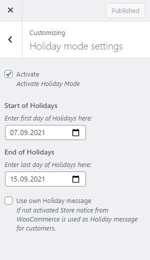 Holiday Mode for WooCommerce - Screenshot 1