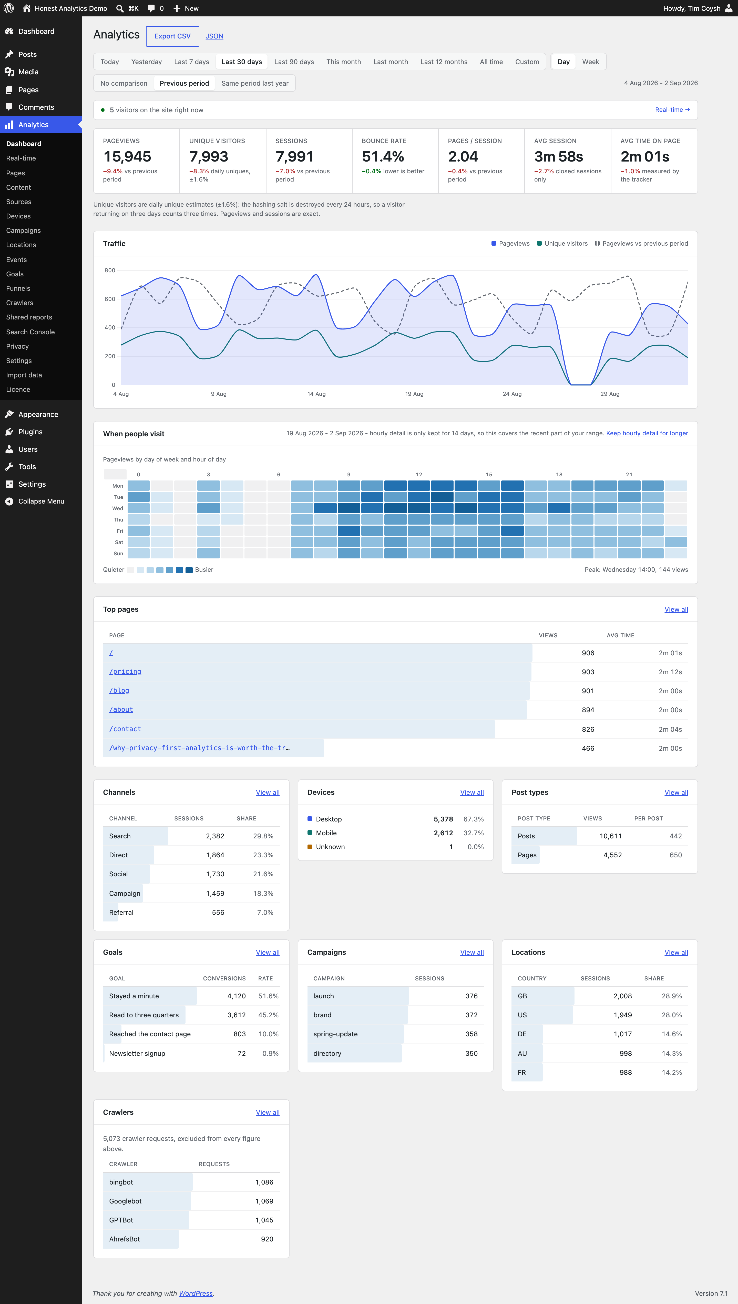 Dashboard - traffic, channels, devices, and when people visit