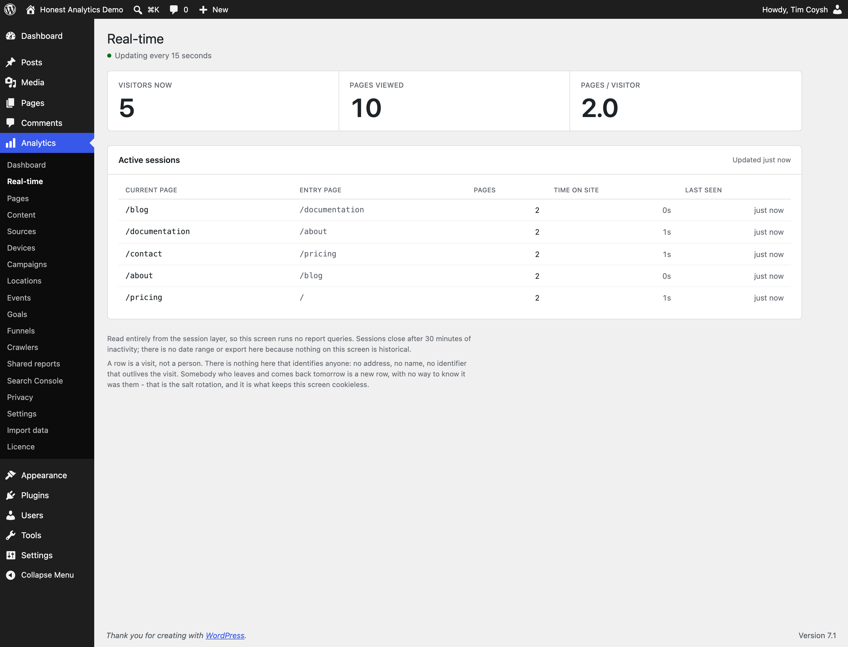 Real-time - active sessions, updating every fifteen seconds