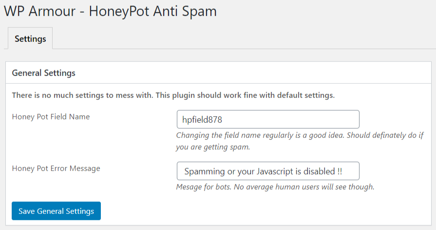 Screenshot #1. WP Armour - Honeypot Anti Spam Settings