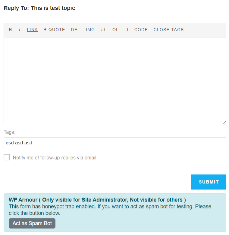 Screenshot #6. Honeypot for BBpress Wordpress Forum ( anti spam for bbpress forums )
