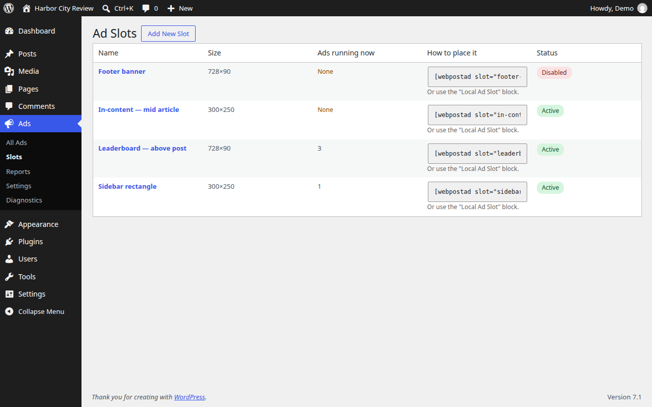 Define reusable ad slots — the places ads appear on your site.