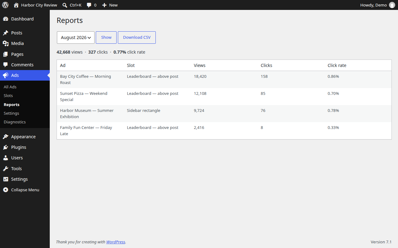 First-party impression and click reports you can hand to an advertiser.