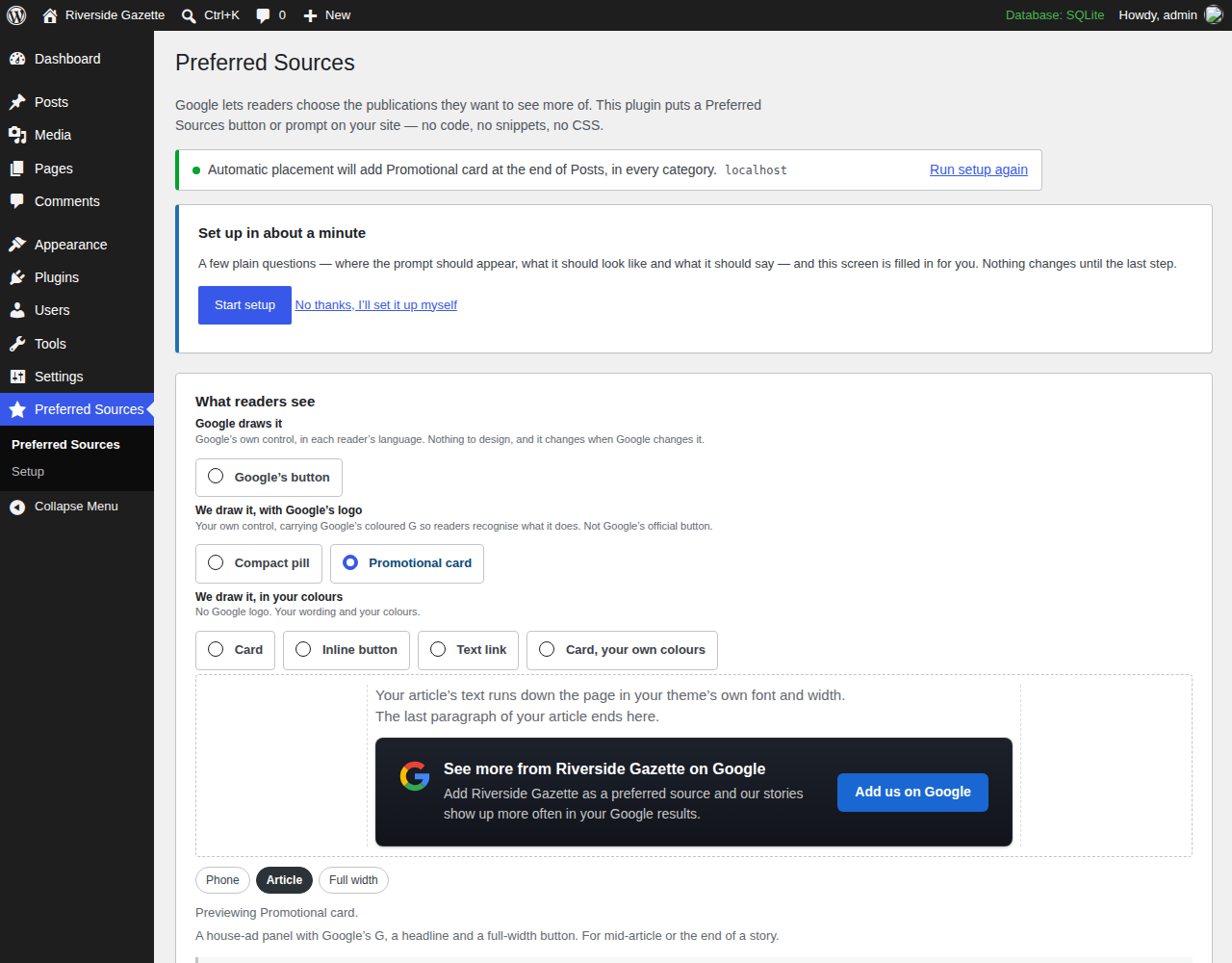 The settings screen: the seven presentations and the live preview, drawn at phone, article or full width.