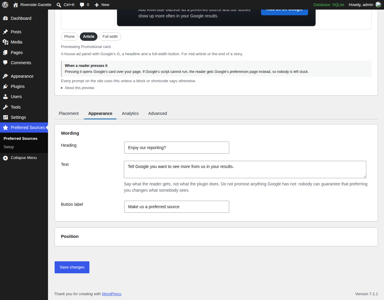 The Appearance tab: the wording readers see, with the preview above it.