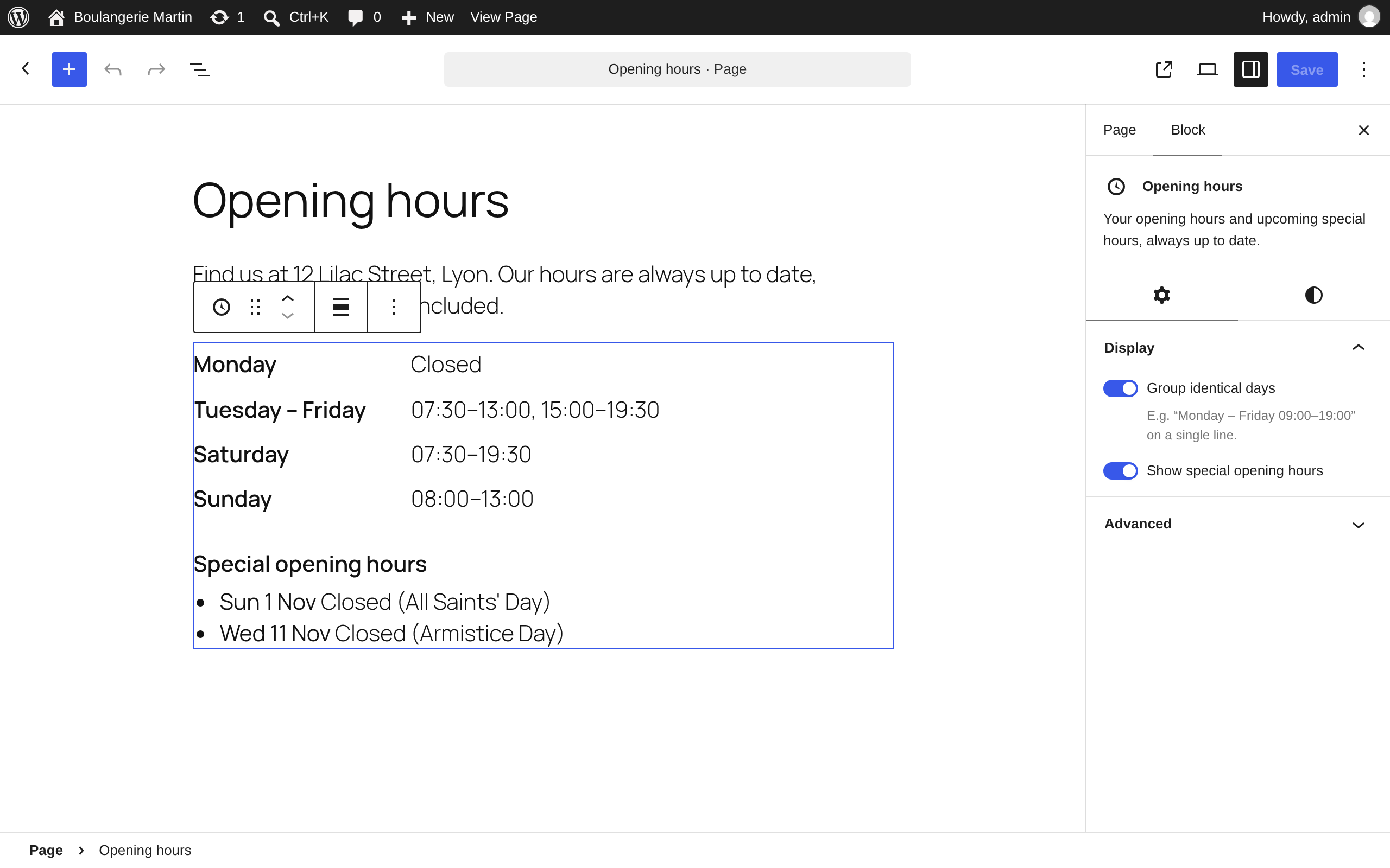 The "Opening hours" block in the block editor: group identical days, show or hide special hours.