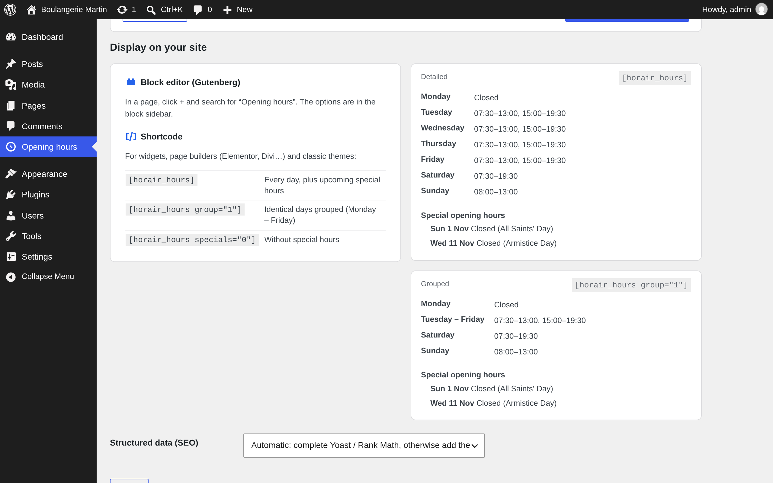 Block and shortcode options, with a live preview of both layouts.