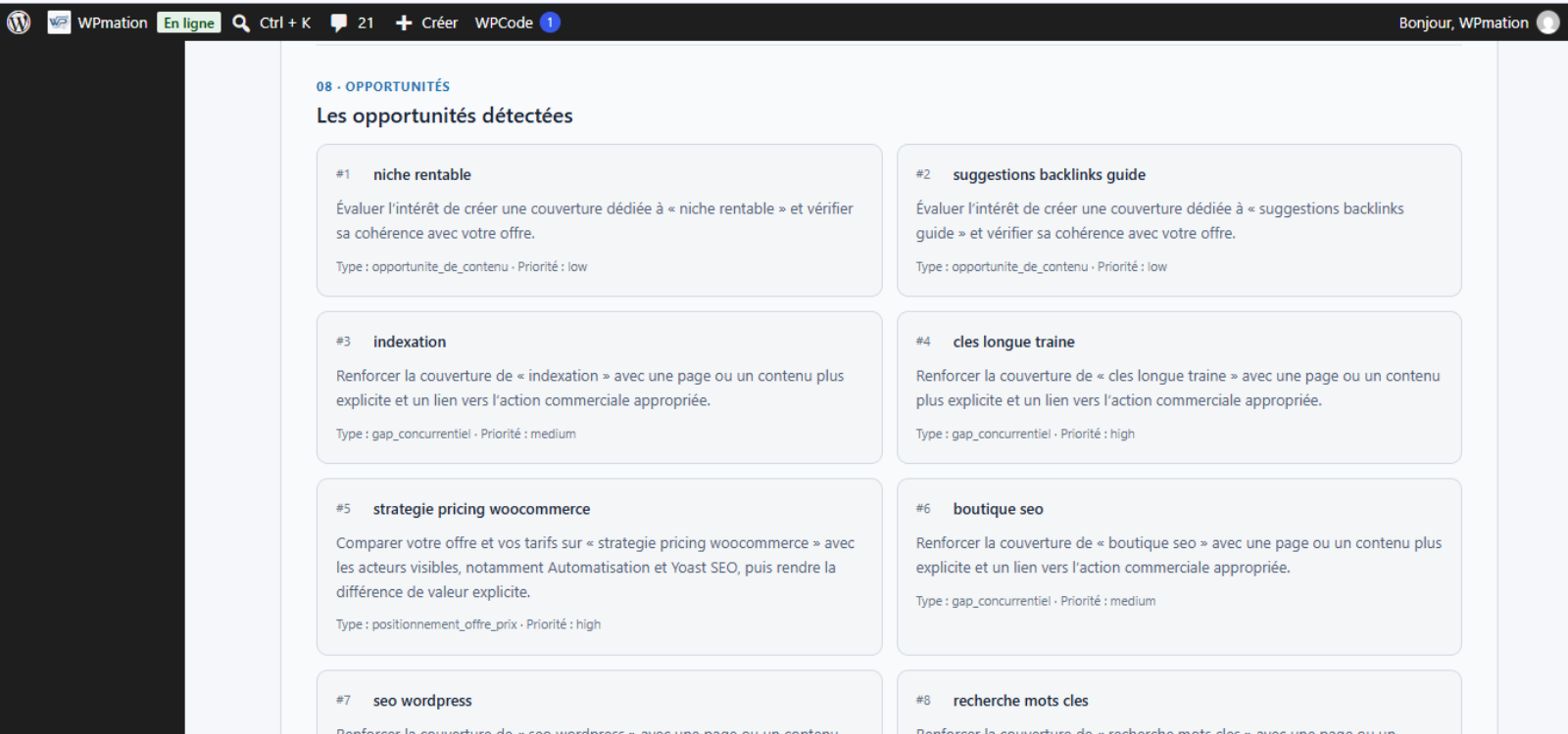 Discover the opportunities detected by Horizon by WPmation and the areas worth exploring further.