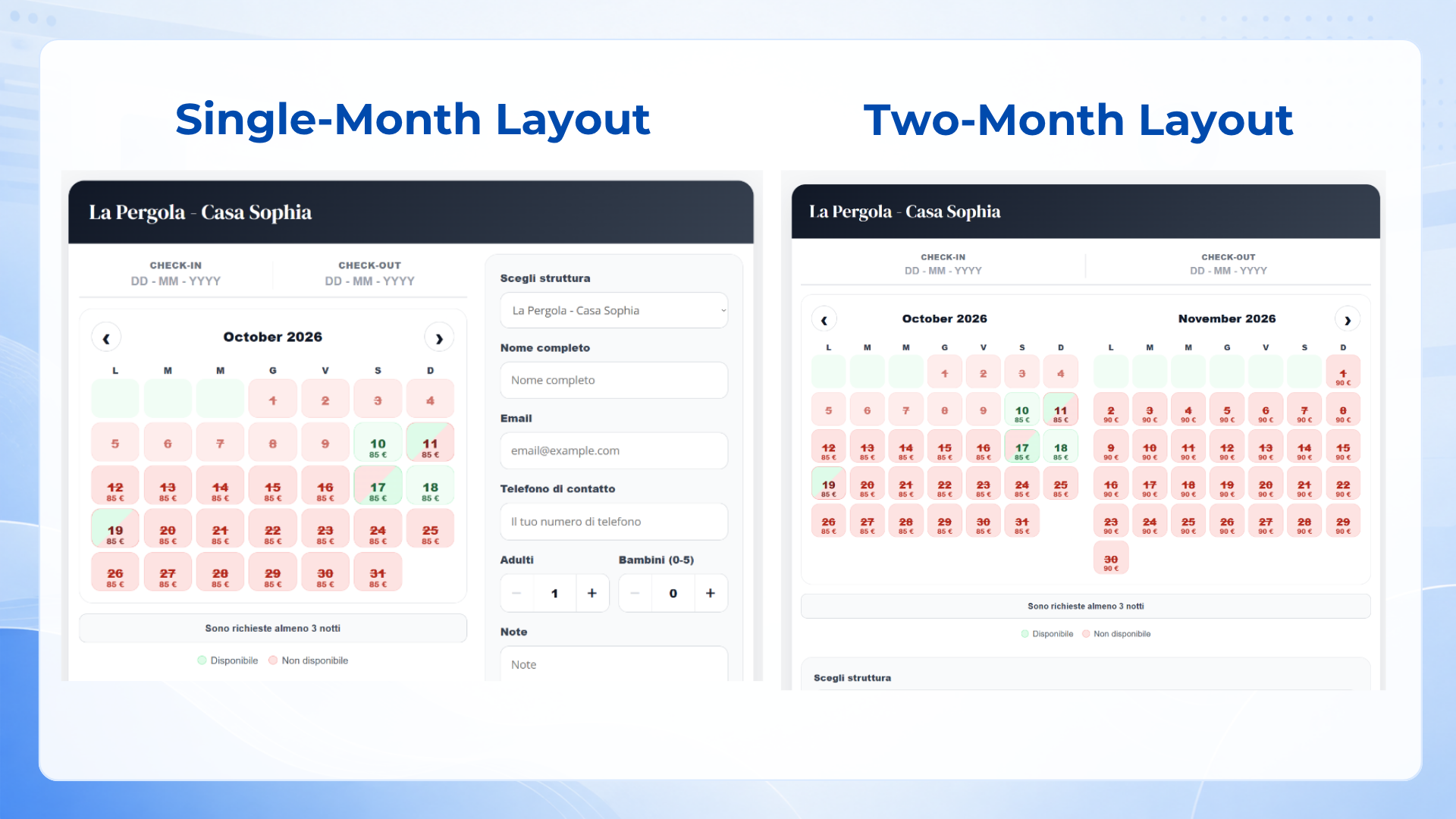 Single-Month & Two-Month Calendar Layouts – Choose between one month or two months side by side on desktop, with automatic mobile optimization for a seamless booking experience.
