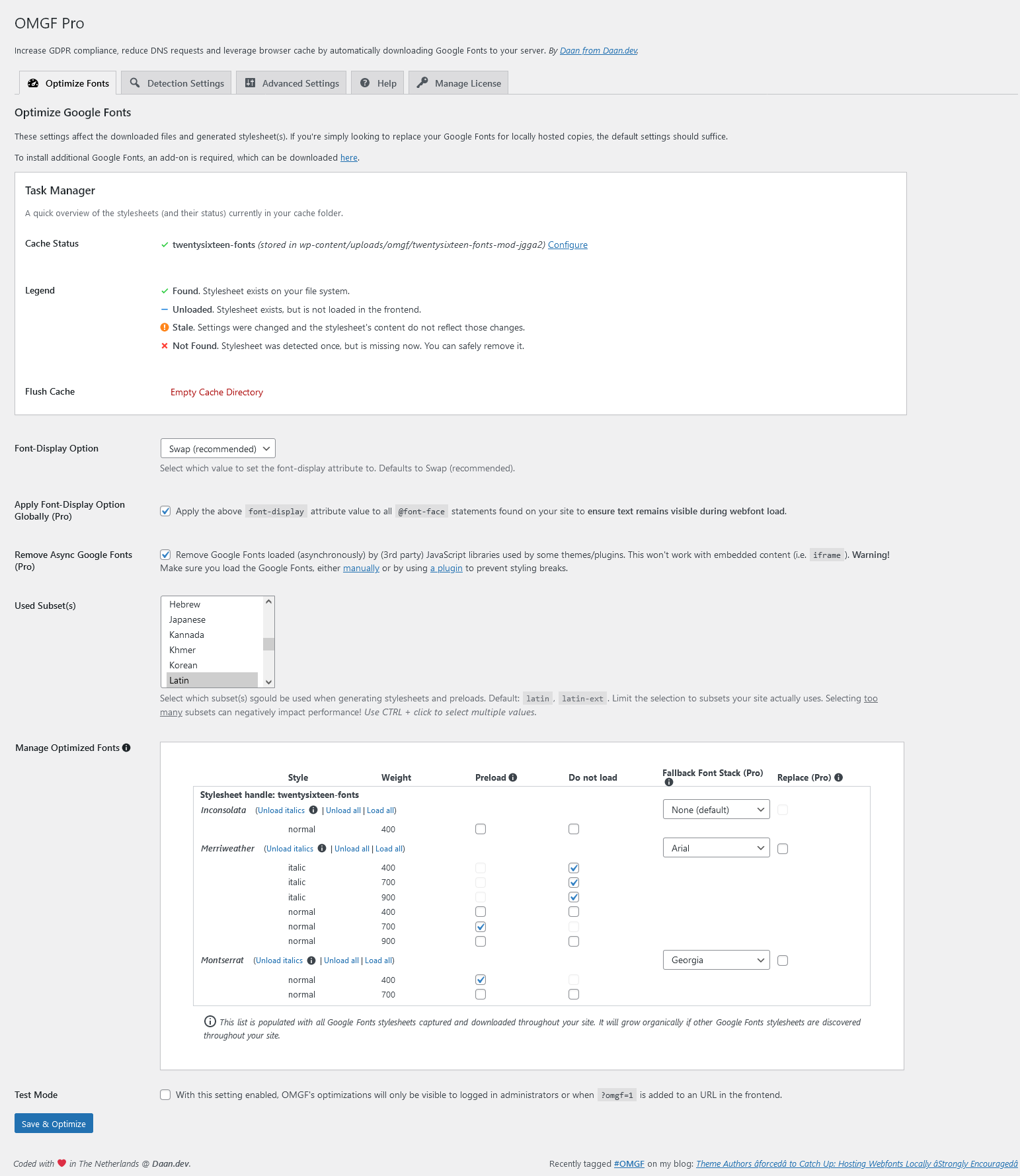 OMGF's Optimize Fonts screen. These settings affect the downloaded files and generated stylesheet(s).