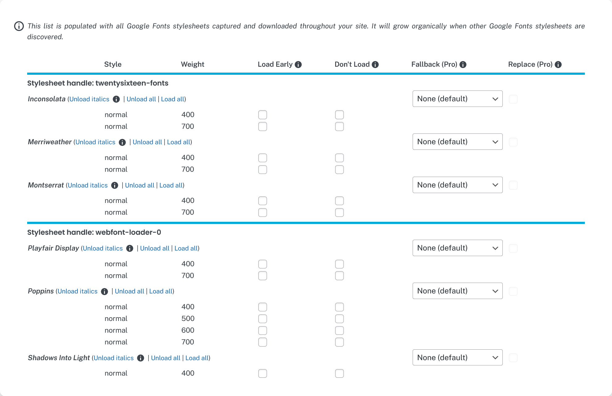 After you've completed configuring OMGF, the Optimize Local Fonts section will allow you to tweak all of your Google Fonts stylesheets by e.g., unloading unused fonts and/or preloading fonts above the fold.
