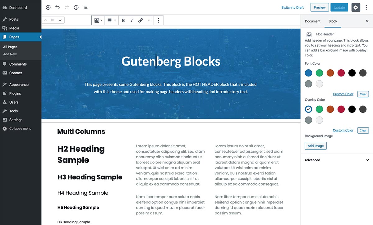 Header block - select background image and overlay color and insert your blocks inside