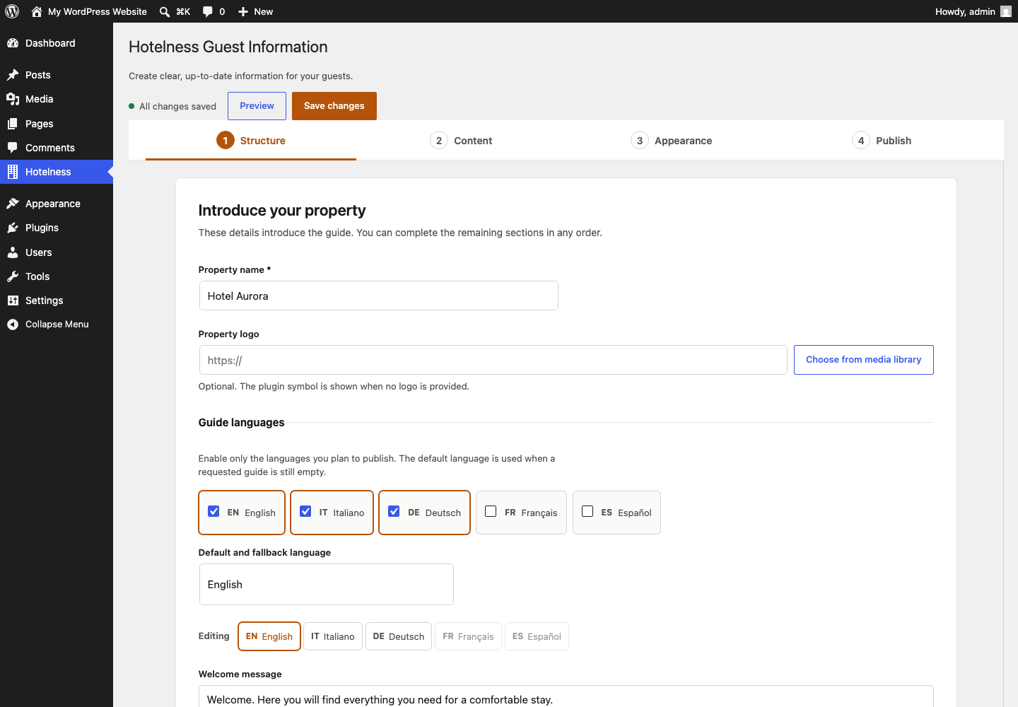 Four-step guided configuration with multilingual content and live preview.