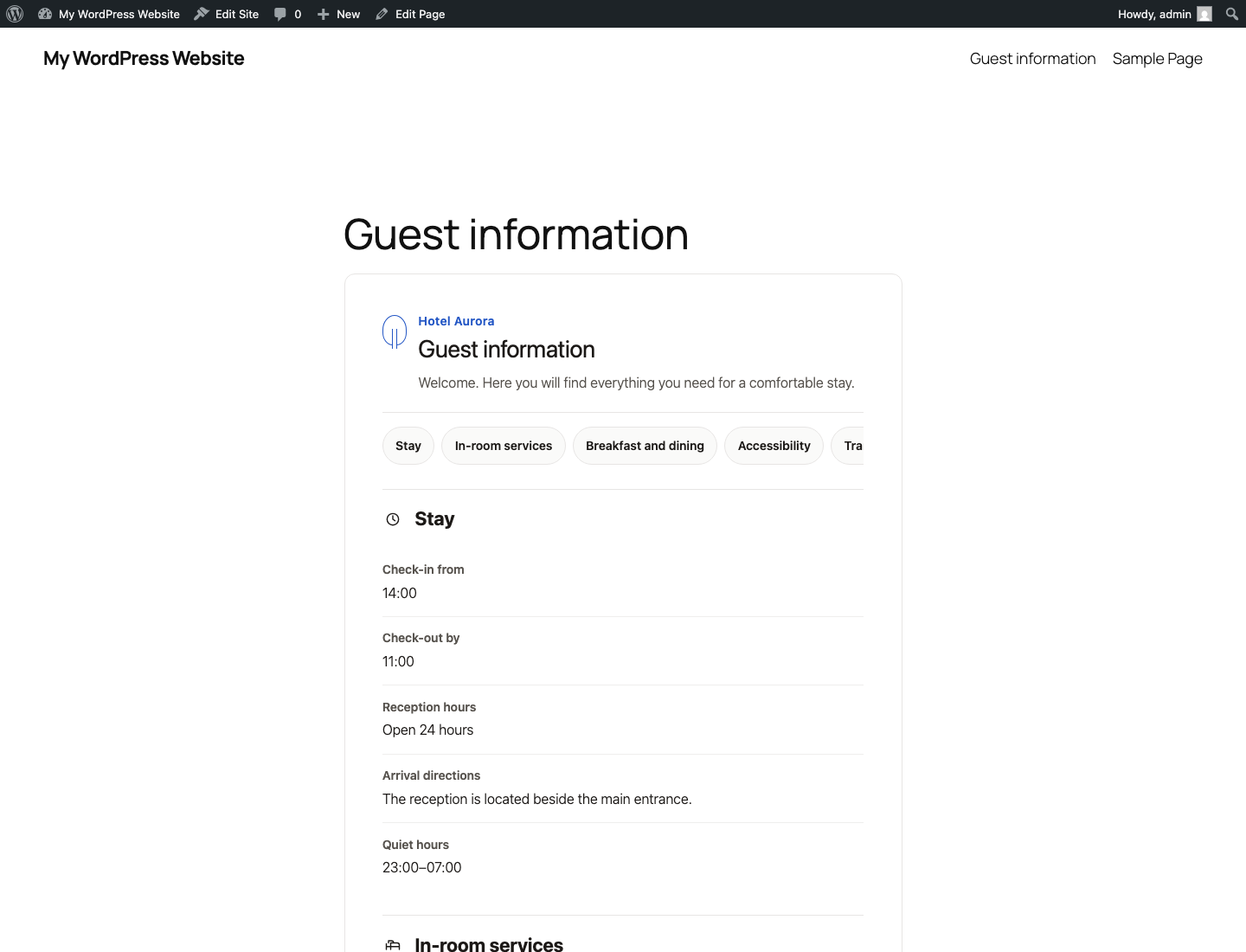 The public guest information guide with clear navigation and structured stay details.