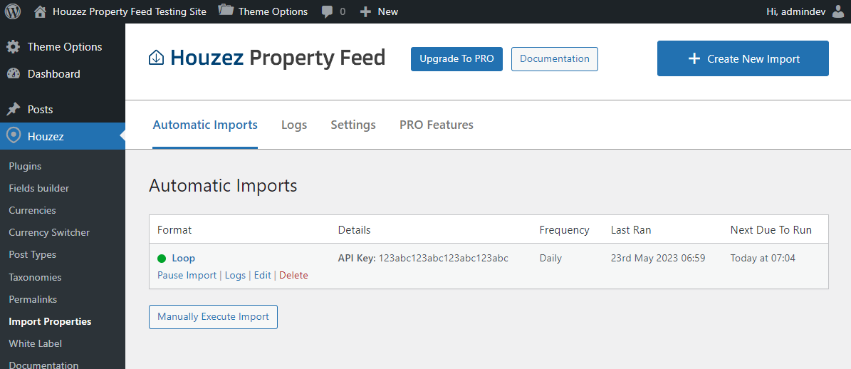 Existing automatic imports will be displayed along with scheduling information