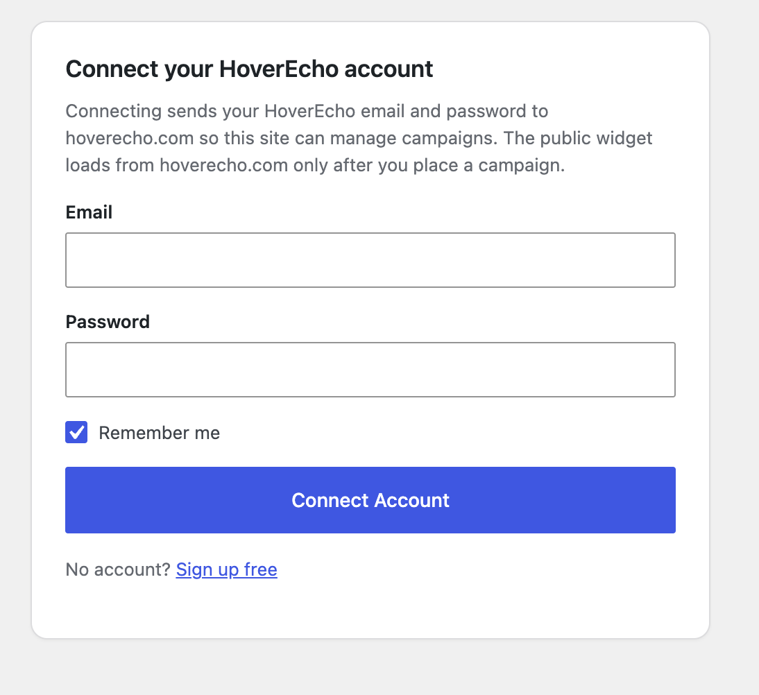 HoverEcho Dashboard — Connect Account (wp-admin login to HoverEcho)