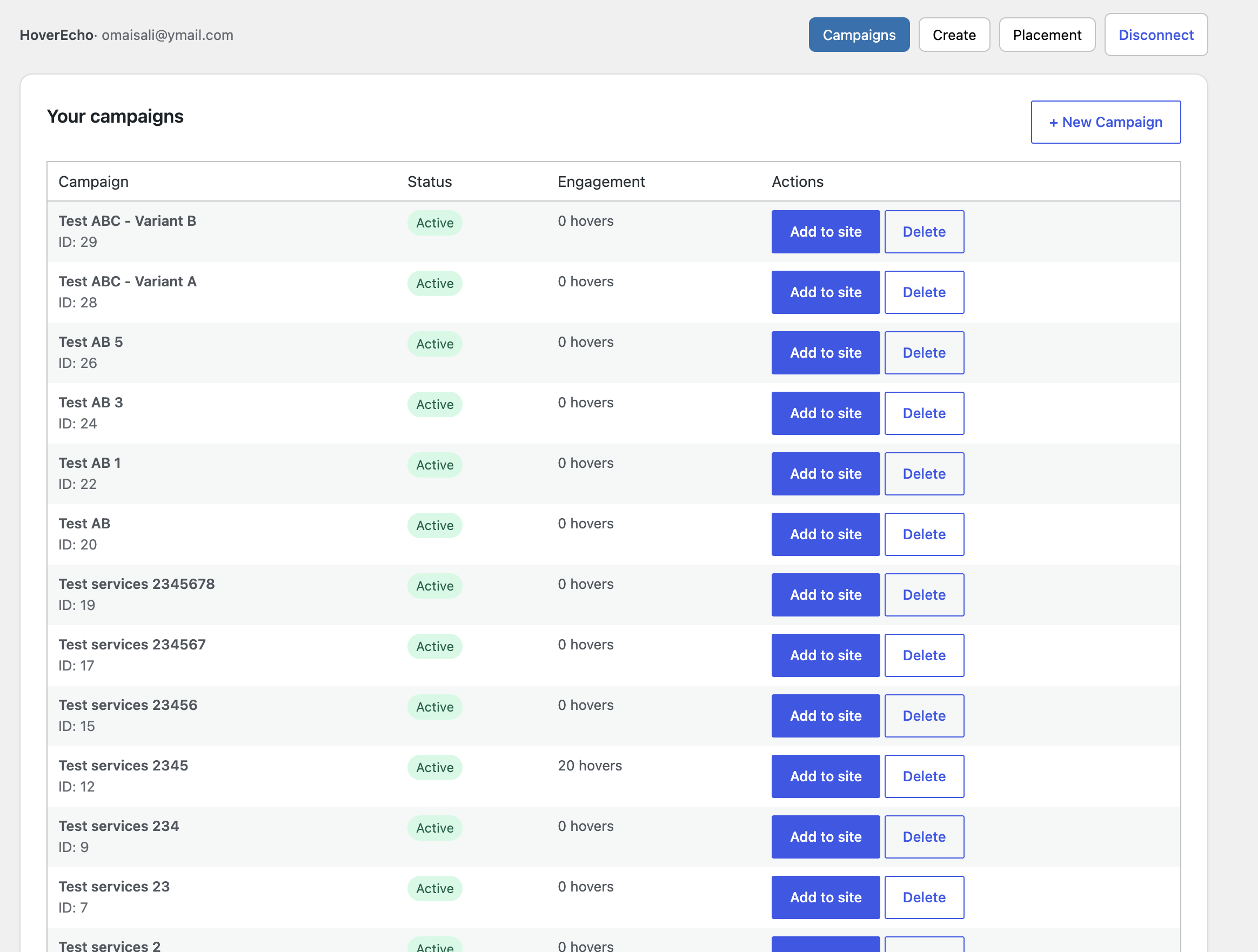 Campaign list after connecting, with Add to site