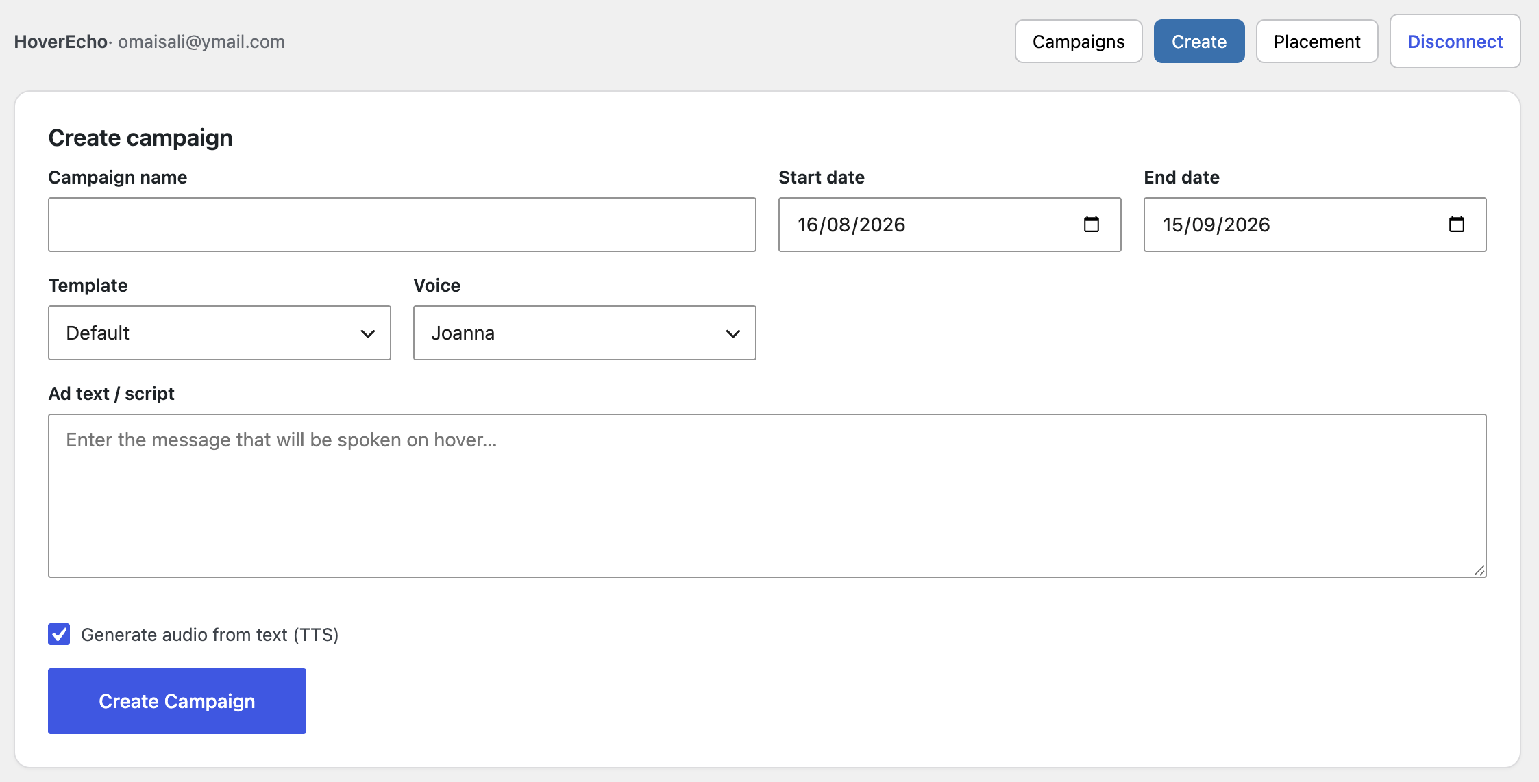 Create campaign form in wp-admin