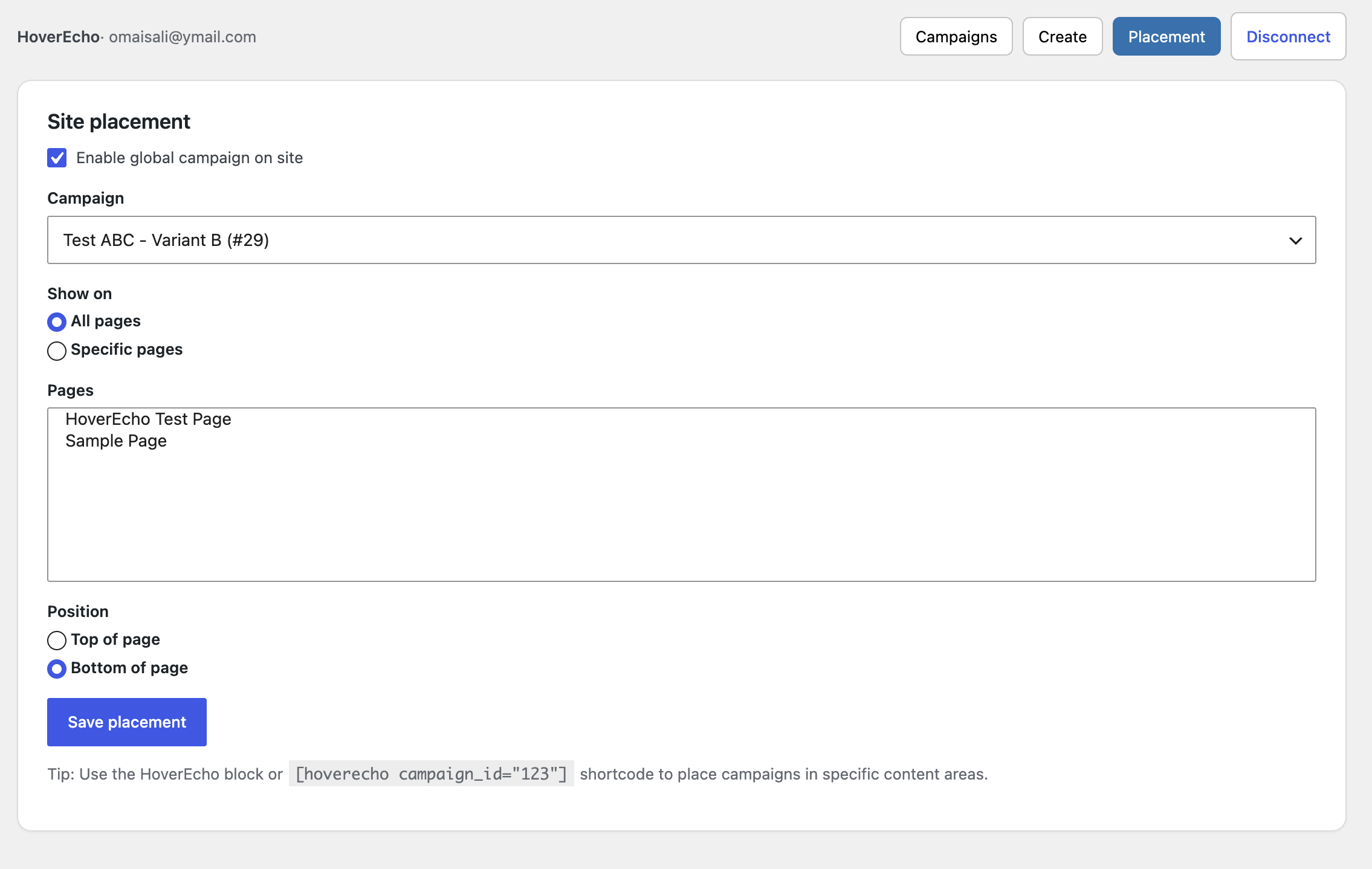 Site placement settings (pages and position)