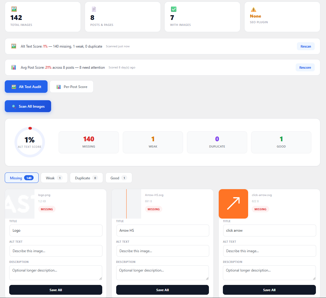 Alt Text Audit — image grid with inline Title, Alt Text, and Description editing