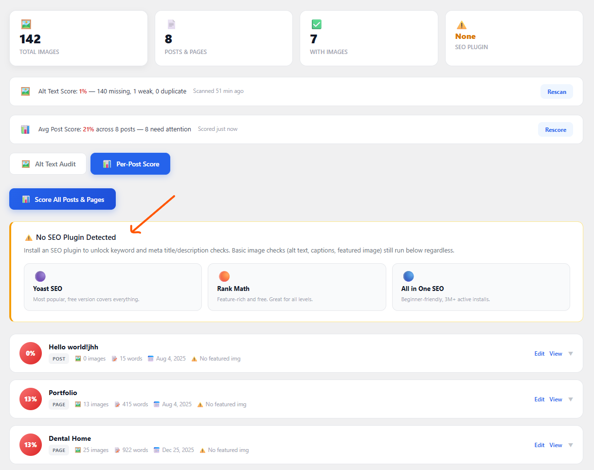 No SEO plugin detected — install recommendations with direct links