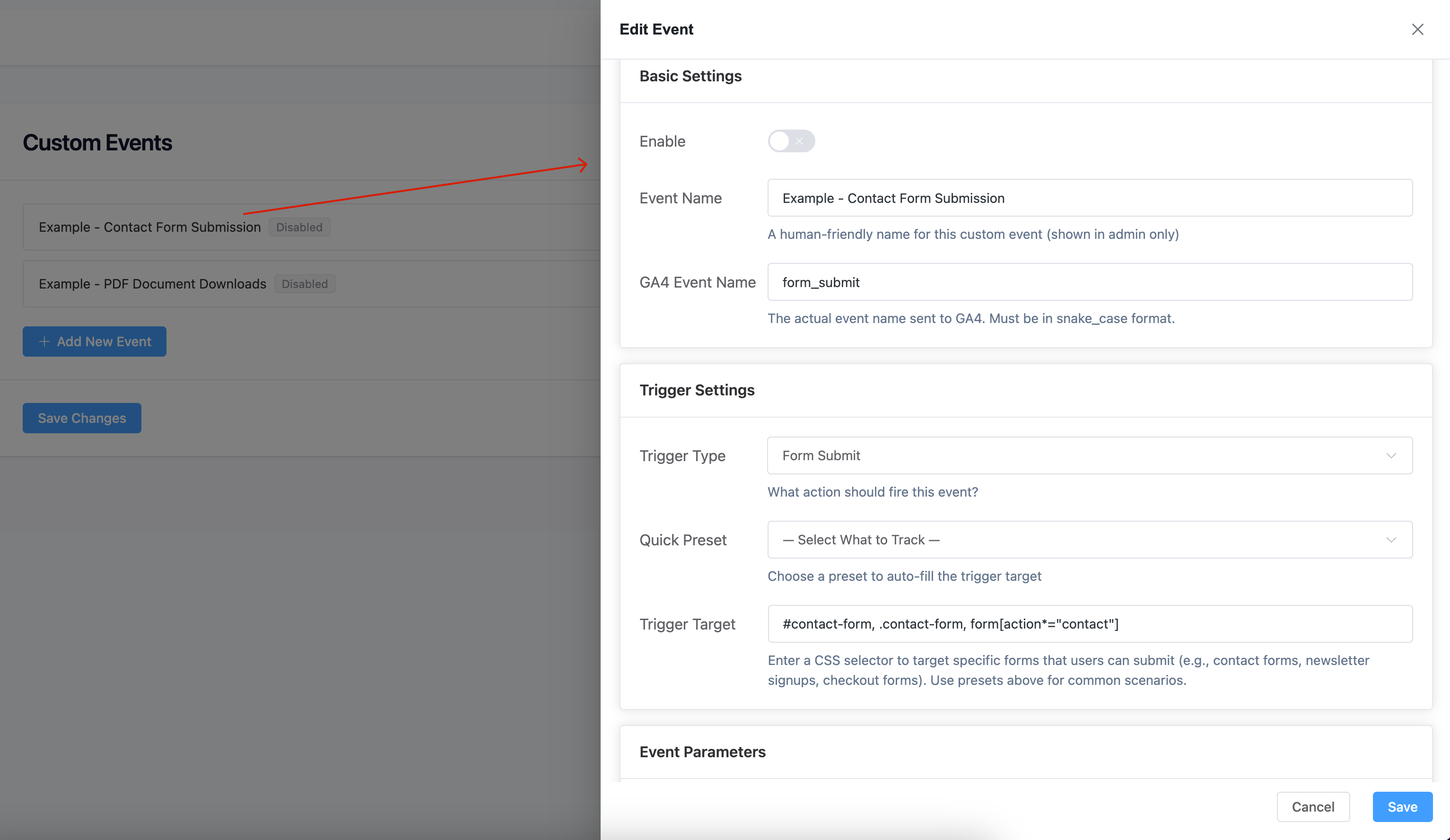 Custom Events Configuration
