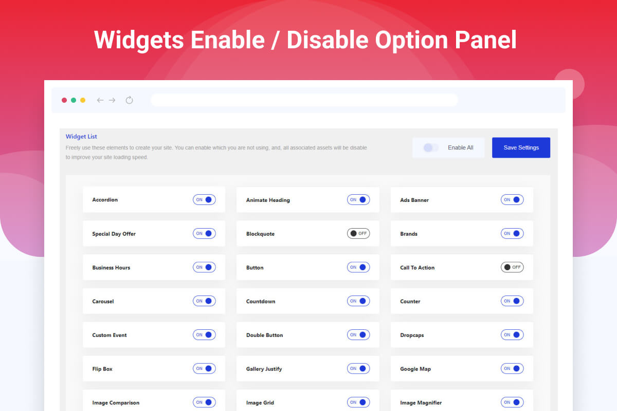 Widgets Enable / Disable Option Panel