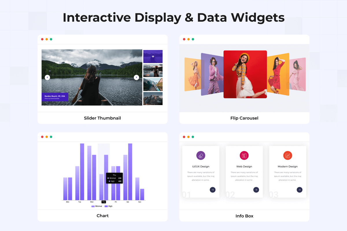Present information beautifully with interactive galleries, dynamic charts, and engaging info boxes