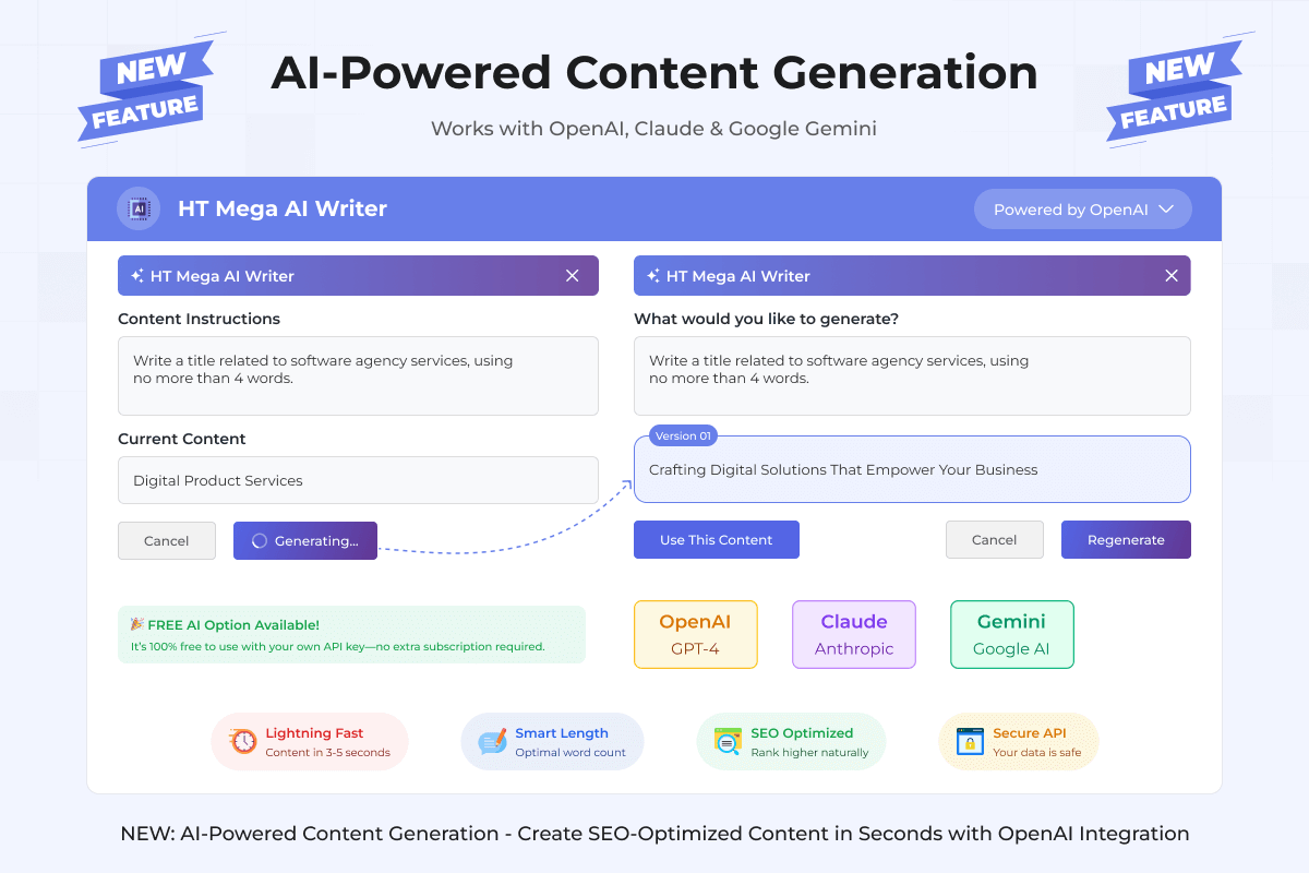NEW: AI-Powered Content Generation - Create SEO-Optimized Content with OpenAI, Claude &amp; Gemini