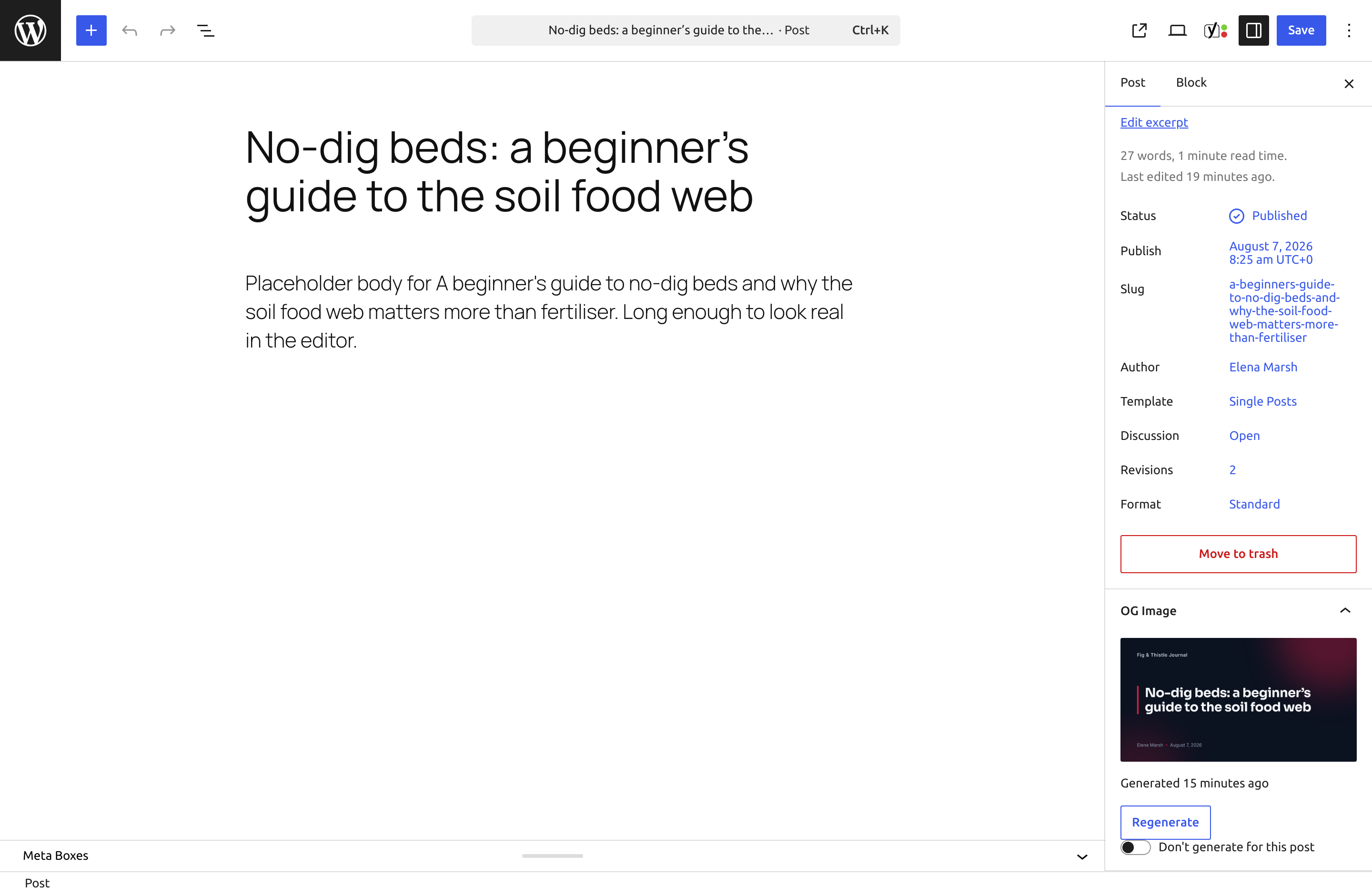 The Gutenberg sidebar panel with the current image and regenerate button.