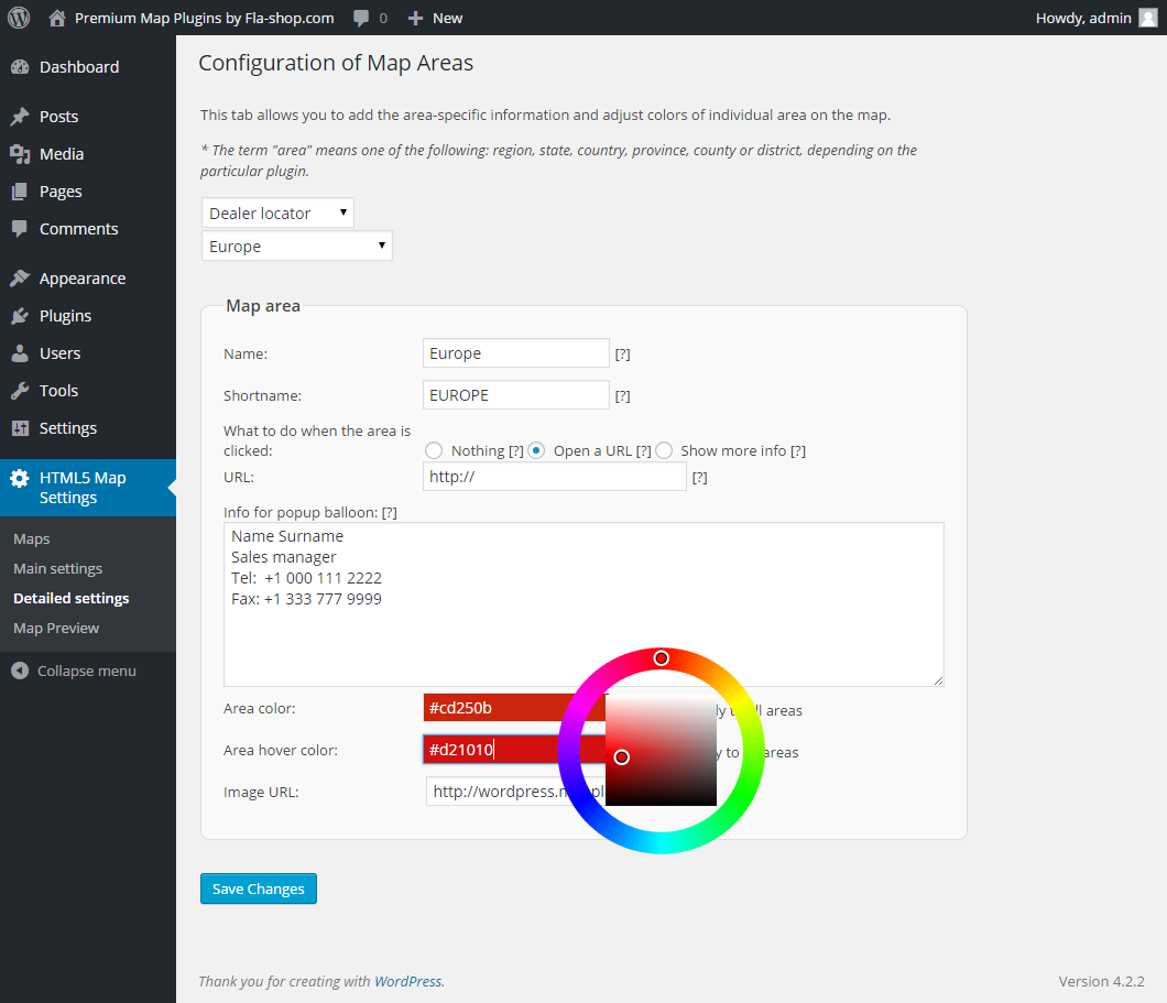 Detailed settings for each region. Colors, links, tooltips, etc.