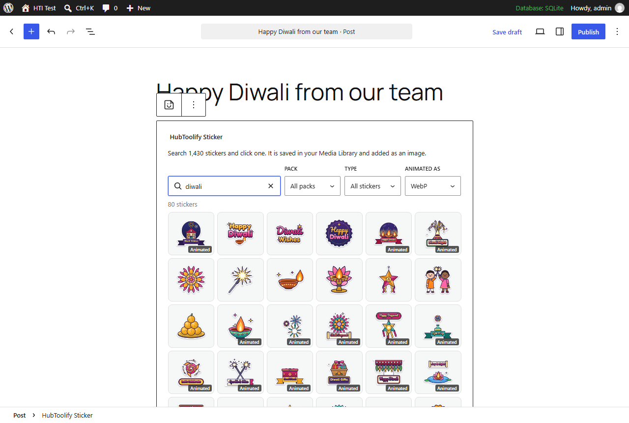 Browse stickers by pack in the HubToolify Sticker block.