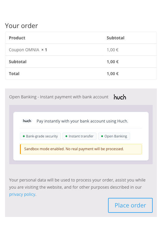 HUCH payment option at checkout with trust badges and sandbox mode notice.