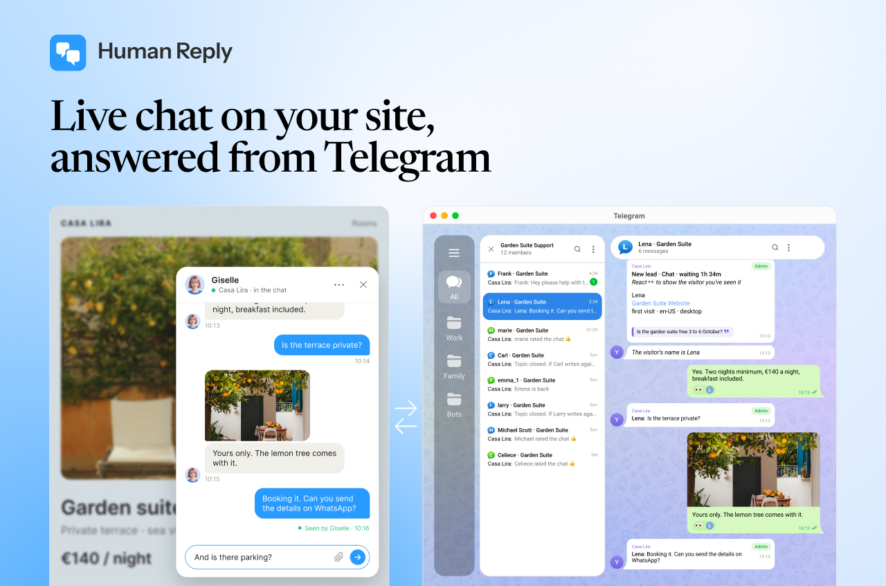 Live chat on your site, answered from your team's Telegram. Every chat opens as a topic, and the reply lands back on the page.