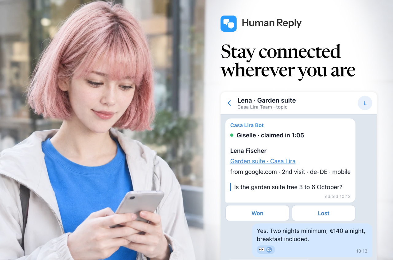 Reply from your phone, wherever you are. Each lead arrives with the page they're on and where they came from.