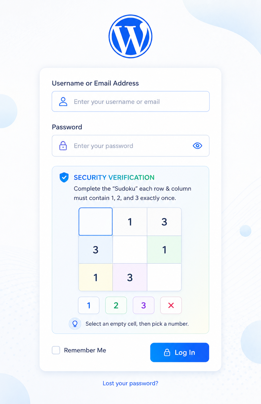 The login page with the 3×3 puzzle.