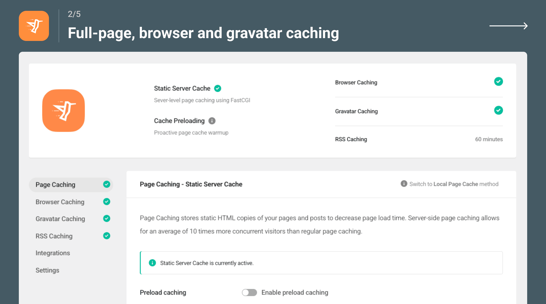 Full-page, browser and gravatar caching.
