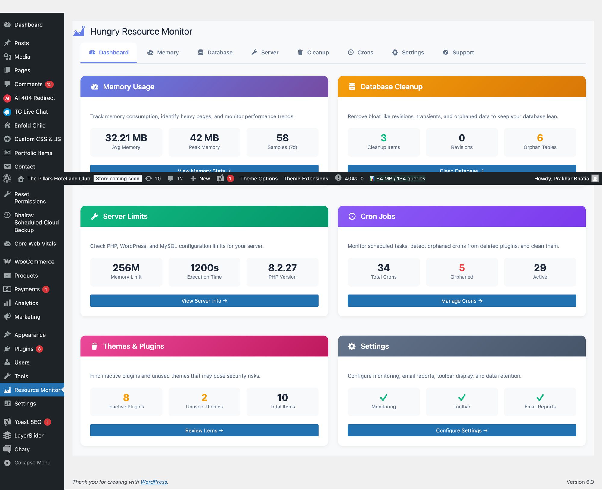 Dashboard showing top resource consumers and real-time statistics