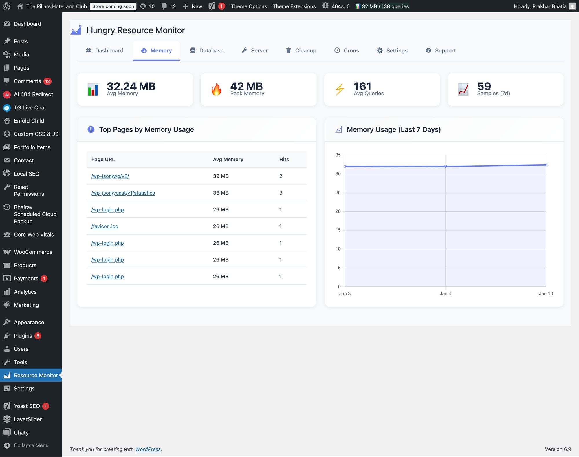 Server Limits tab displaying PHP configuration and environment details