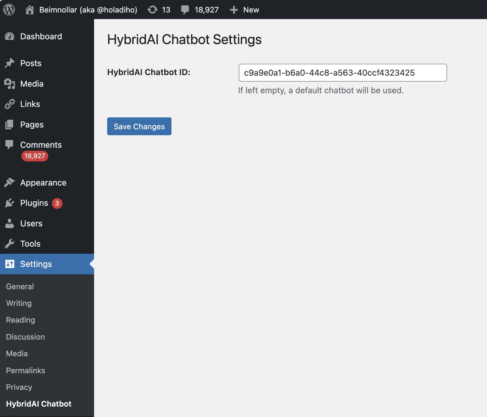Chatbot Settings Page – Configure your chatbot ID and appearance settings