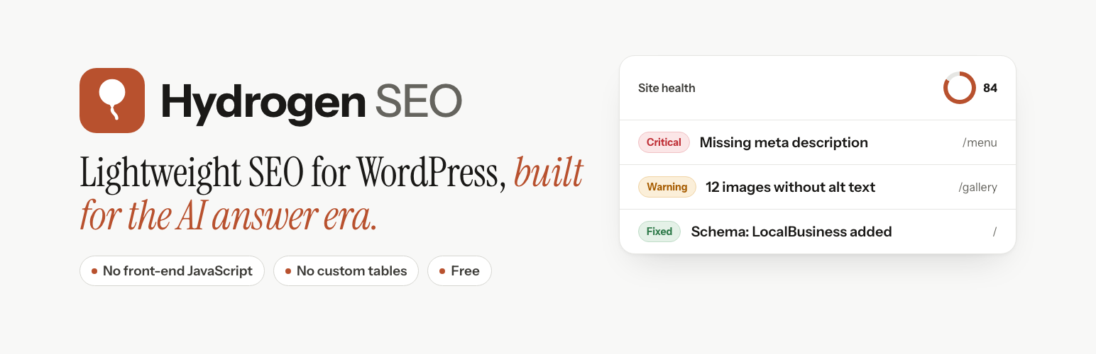 WordPress 外掛 Hydrogen SEO – AI SEO Plugin for Schema, Sitemaps, llms.txt & AEO 的封面圖片