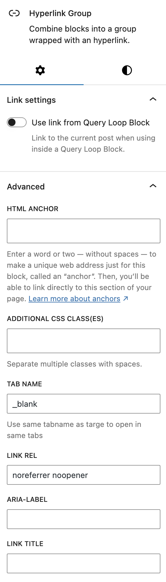 Advanced Settings for link target, rel, title and aria-label attributes.