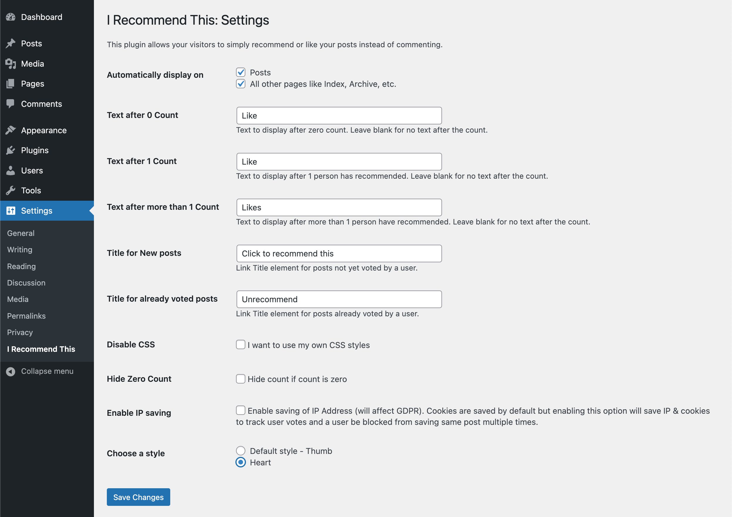 The settings panel where you can configure the plugin.