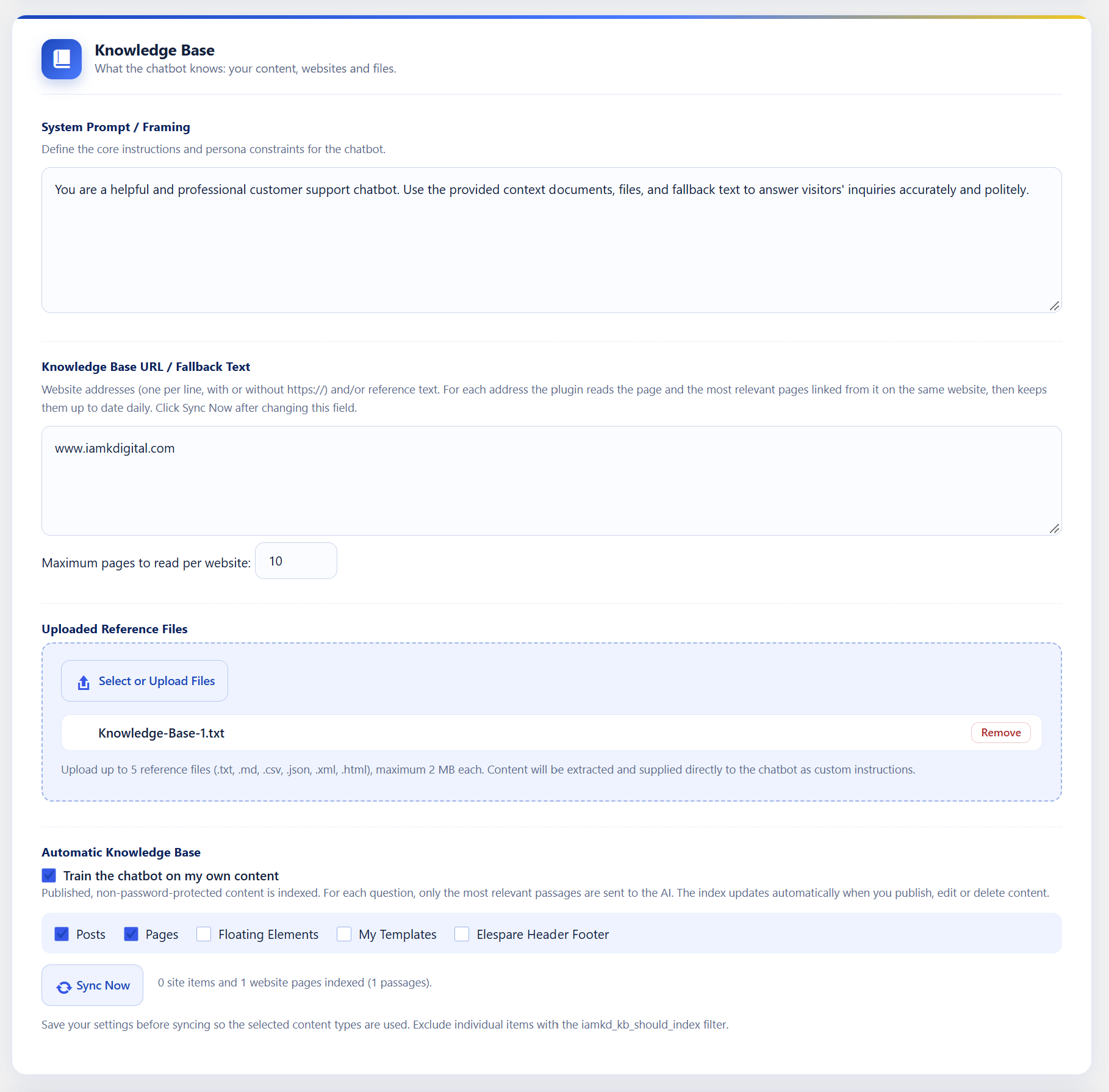 The knowledge base: websites, uploaded files and your own posts and pages.