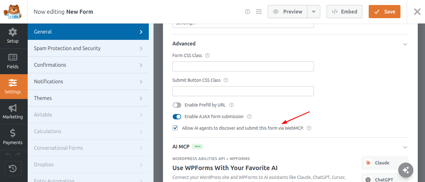Expose WPForms to AI (WebMCP) setting inside WPForms