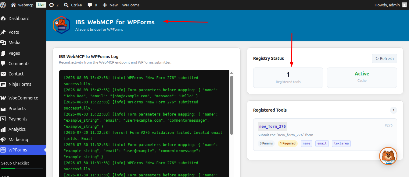 IBS WebMCP for WPForms dashboard and registry status