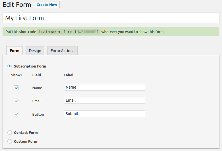 Select a form type - Subscription form, Contact form and Custom Form